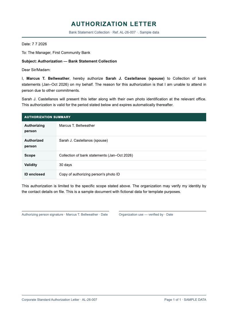Corporate standard authorization letter